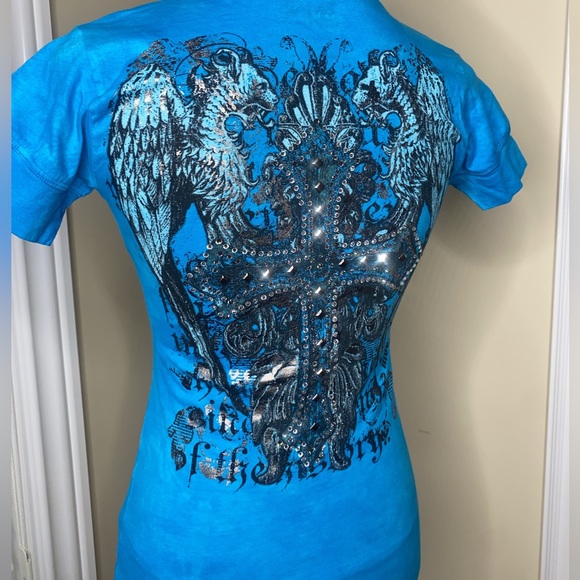 Swarovski Crystal Embellished Cross T Shirt For Women, Blue Short Sleeve Shirt - Picture 8 of 16